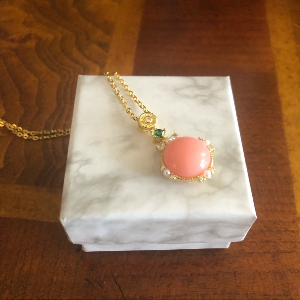 Elegant pink cabochon mini pearl crystal accent pendant on chain necklace